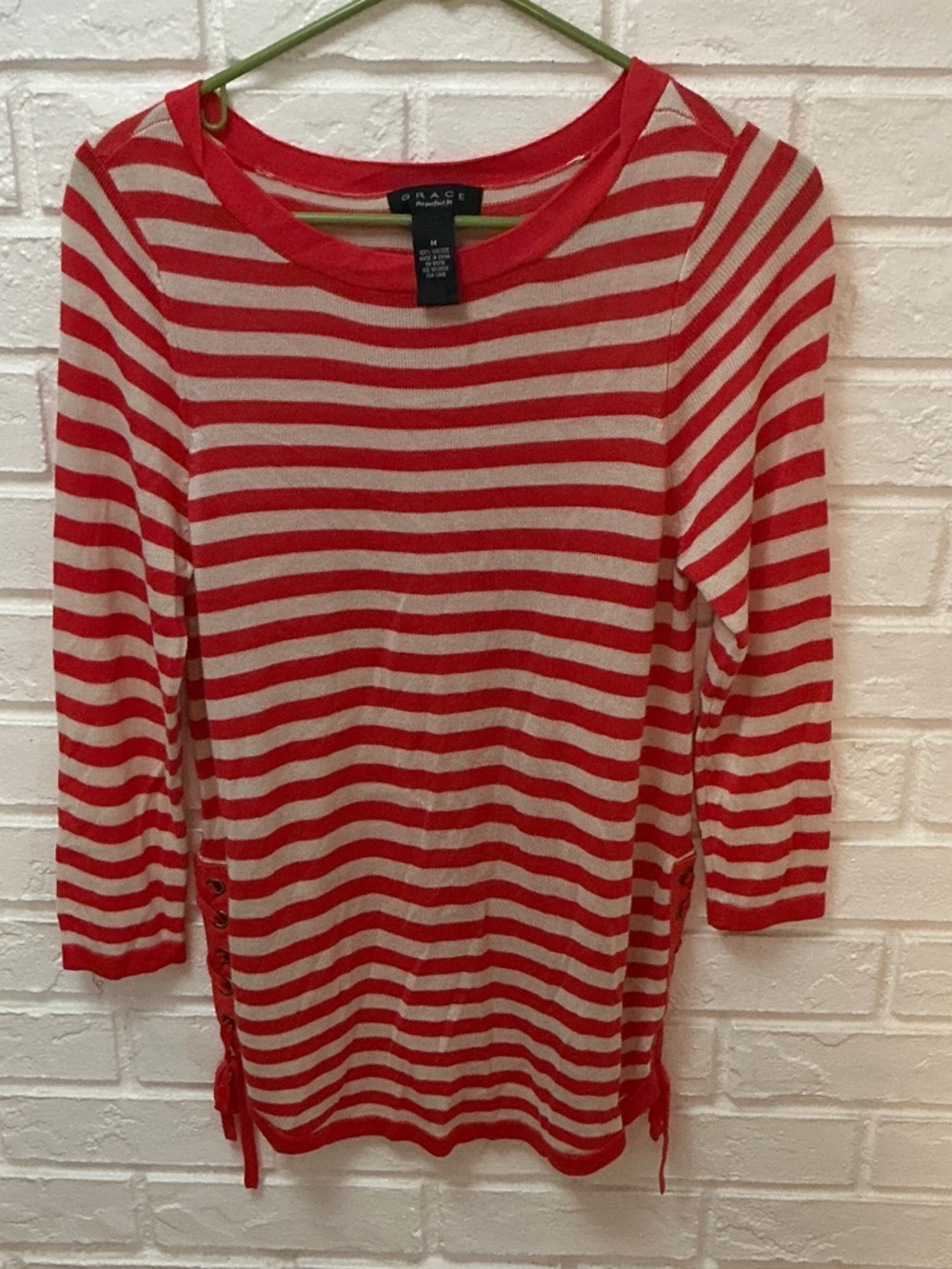 Grace Women’s Orange Cream Striped 3/4 Sleeve Drawstring Tunic/Top Size M